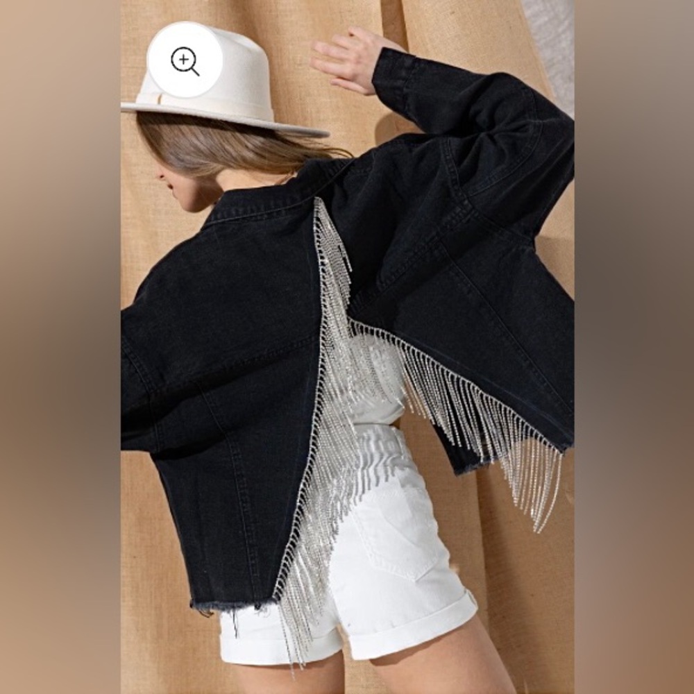 Blue B. Cropped Black Denim Jacket with Silver Rhinestone Fringe